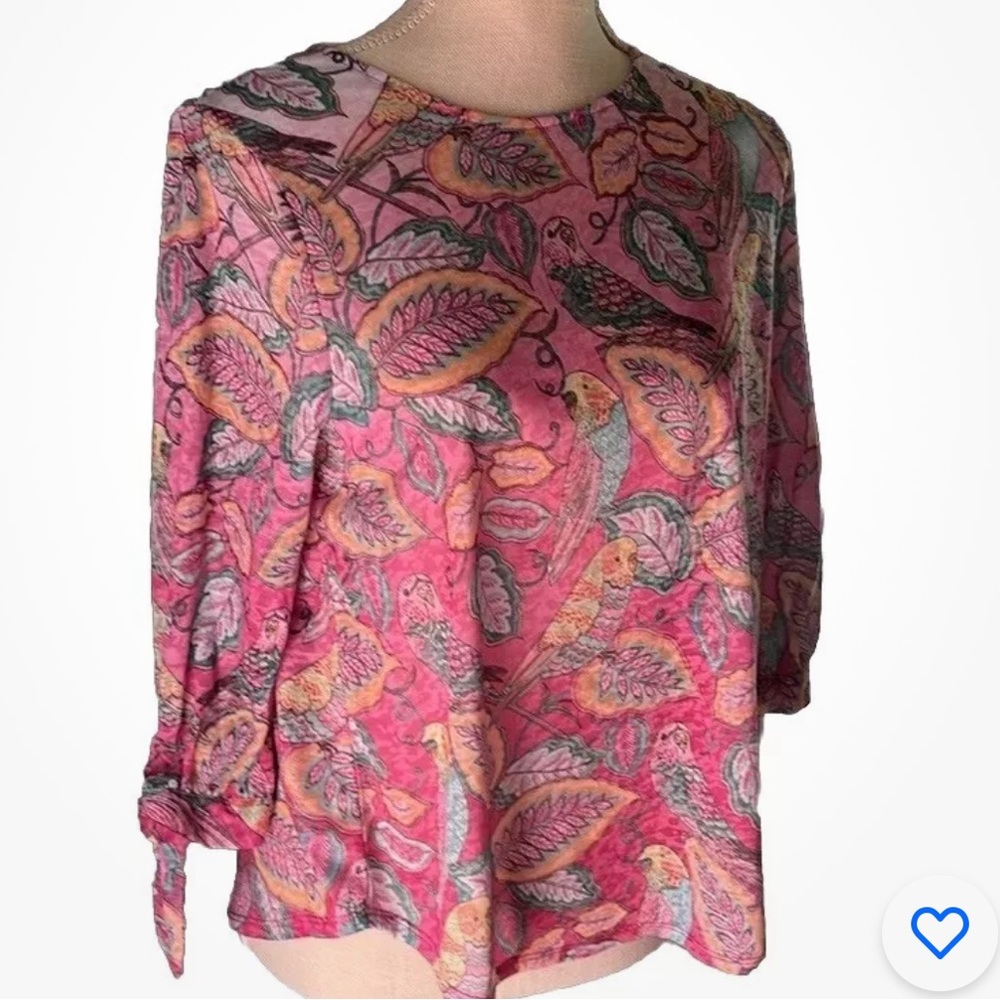 NWT Women’s 3/4 Sleeve Top Pink Mint Green Paisley Bird Design Size PM